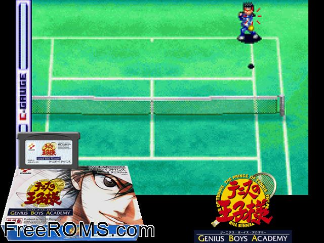 Tennis No Ouji-Sama - Genius Boys Academy (Japan) Gameboy Advance game showing 3D box cover and gameplay screenshot